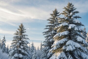 Obraz premium Snow-covered pine trees with a soft blue winter sky overhead. Created with generative AI technology