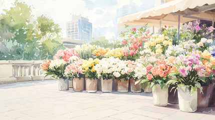 Fototapeta premium A vibrant flower market featuring colorful blooms in pots, set against a sunny backdrop with greenery and buildings in the distance.