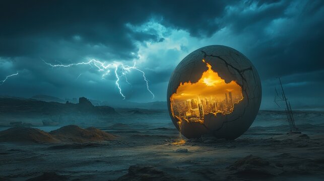 Cityscape Emerging from Cracked Stone Egg Under Stormy Sky, Surreal Art, Digital Painting, Fantasy Landscape