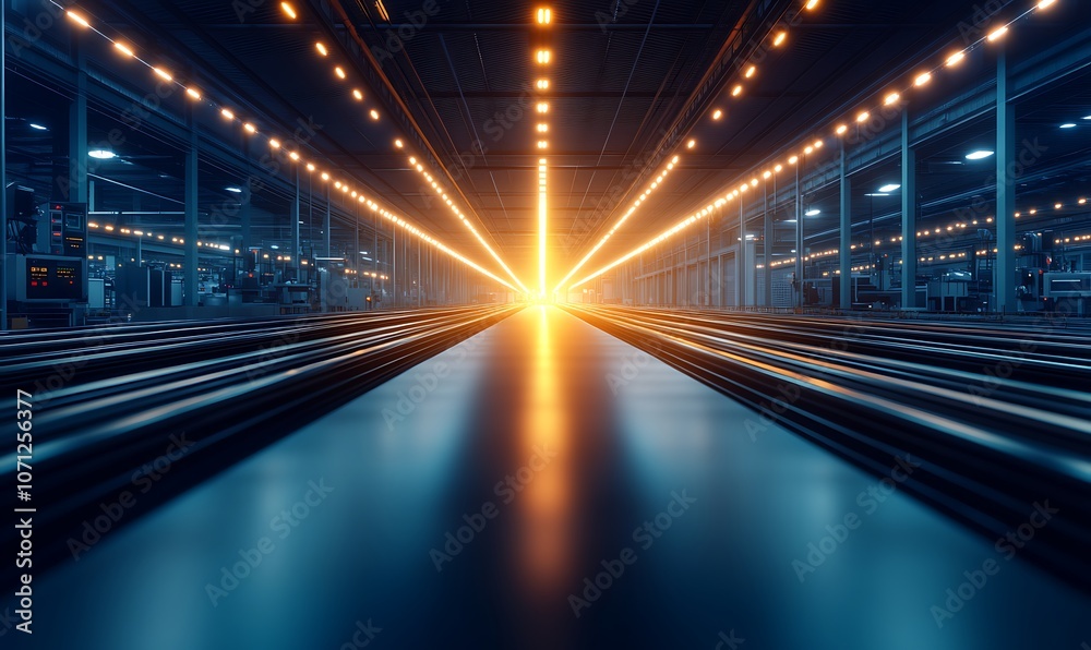 Poster a futuristic warehouse with glowing lights converging towards a bright center, creating an atmospher