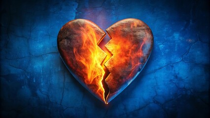 A fiery, broken heart against a cracked blue background, symbolizing the pain of a lost love, a fractured relationship, or the fragility of the human spirit.