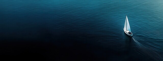 White Sailboat on Calm Blue Ocean from Above