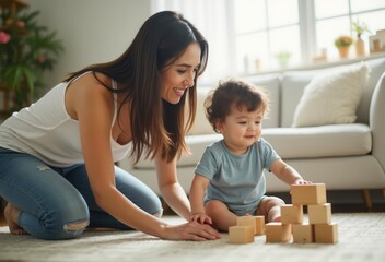 Fototapeta premium A mother and her toddler play together on the floor of a cozy living room, stacking blocks and enjoying quality family time. The scene is heartwarming and full of love and joy.