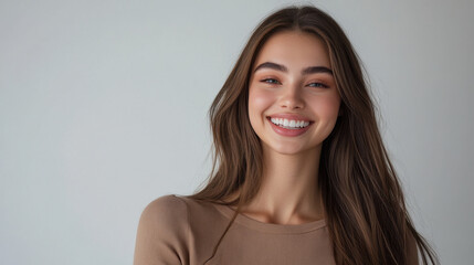 Obraz premium Smiling young woman with long hair, wearing beige top, exuding warmth and confidence in neutral background. Her joyful expression brightens scene, creating positive atmosphere