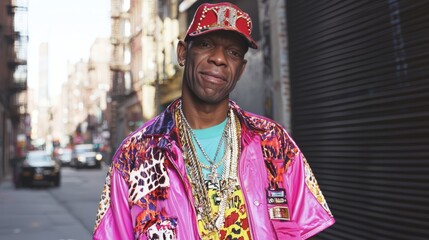 Obraz premium Charismatic Street Hustler in Flashy Attire Smiling Amid Vibrant Urban Scene