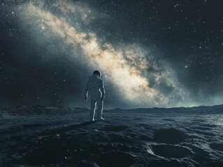 Astronaut Standing on Lunar Surface with Milky Way Galaxy in the Background.