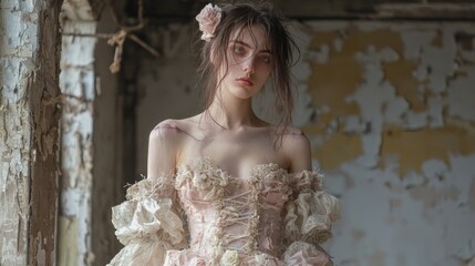 Fototapeta premium Portrait of Vulnerability - Woman in Tattered Dress with Haunted Look in Abandoned Building | Ultra-Detailed Photo of Harsh Realities