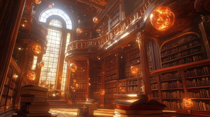 Obraz premium Enchanting Fantasy Library Interior with Bookshelves and Glowing Orbs.