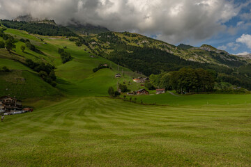 Switzerland rural landscape. Switzerland Alps. Mountains in the Swiss Alps. Alpine pasture in mountains. Panoramic view. Landscape with green fields in Switzerland.