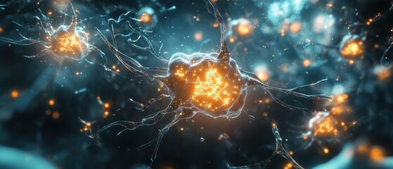 3D Illustration of a Neuron with Glowing Synapses.