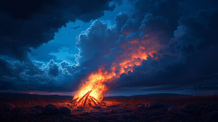 Naklejka premium bonfire scene with dramatic storm brewing in distance, showcasing vibrant flames against dark, moody sky. contrast creates intense atmosphere of nature power and beauty