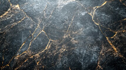 Close-up of dark grey marble with gold veins and light reflection.
