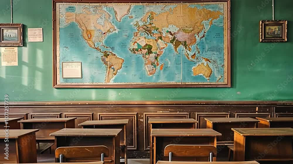 Poster this desks arranged in a vintage classroom with a large world map on the wall showing geography.