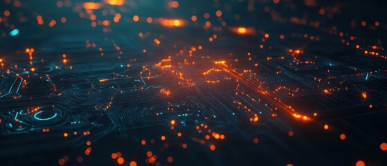 Abstract Circuit Board with Glowing Orange and Blue Lights - Futuristic Technology Background