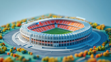 Obraz premium detailed model of stadium surrounded by colorful trees and clear sky, showcasing vibrant design and intricate architecture. scene evokes sense of excitement and anticipation