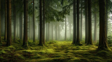 Obraz premium Mystical Forest Path Sun Rays Through Foggy Trees and Lush Mossy Ground.