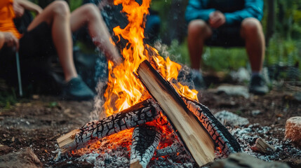 Obraz premium bonfire with vibrant flames, surrounded by people enjoying peaceful evening outdoors. warm glow creates cozy atmosphere in nature