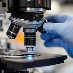 Close-up of a Microscope Lens with a Gloved Hand Adjusting the Focus for Scientific Research.