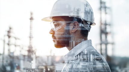 thoughtful man in hard hat and safety glasses stands against industrial backdrop, symbolizing dedication and innovation in engineering