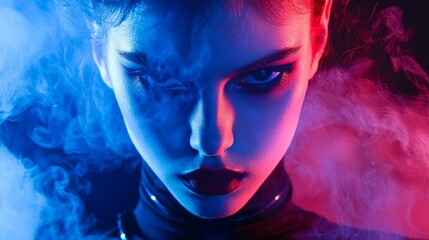 Fototapeta premium Intense Female Criminal Portrait in Smokey Ambiance, Capturing Rebellious Defiance and Bold Expression