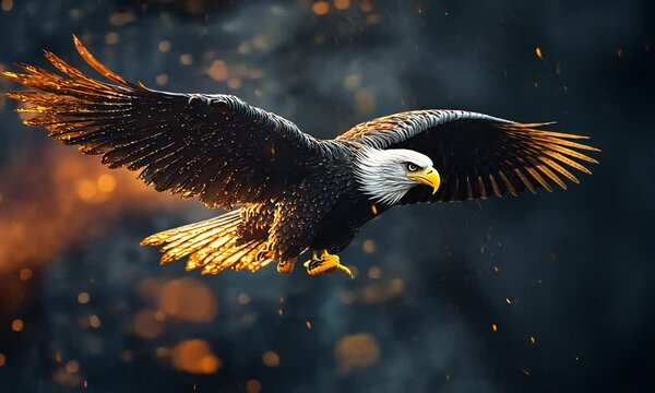 A powerful bald eagle with its wings spread wide, soaring through the air against a backdrop of glowing embers.