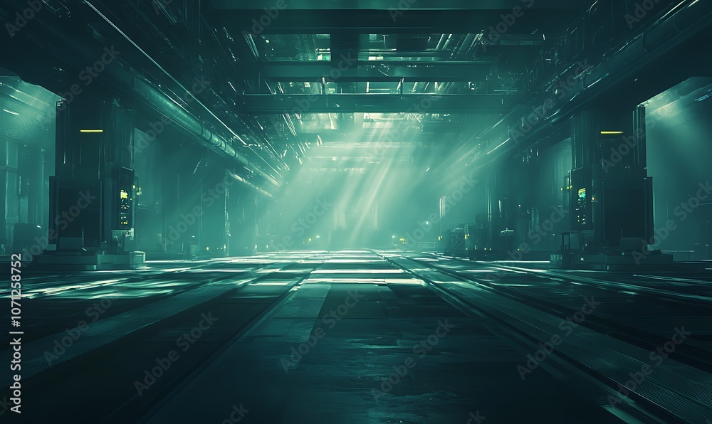 Aufkleber an atmospheric, industrial setting featuring beams of light cutting through a dark, expansive space,