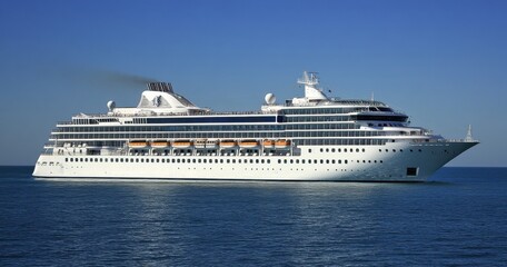 Large White and Blue Cruise Ship Sailing in Ocean