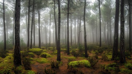Fototapeta premium Mystical Foggy Forest with Tall Pine Trees and Lush Moss, Eerie Atmosphere, Nature Photography.