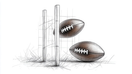 Creative sketch of football field featuring two rugby balls and goalposts, capturing essence of sport in minimalist style