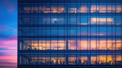 Fototapeta premium Modern Office Building at Sunset with Glowing Windows.