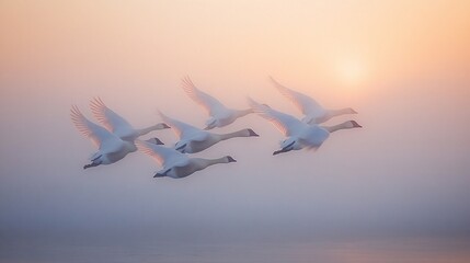 Obraz premium A flock of white swans flying in formation against a soft, pink sunrise.