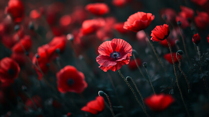 Obraz premium Beautiful red poppy flowers blooming in a field at sunset during the warm season