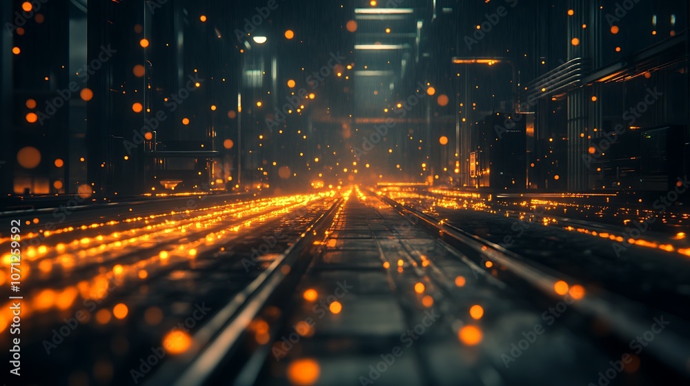 Poster a futuristic scene with glowing orange particles flowing along a dark corridor, evoking a sense of m