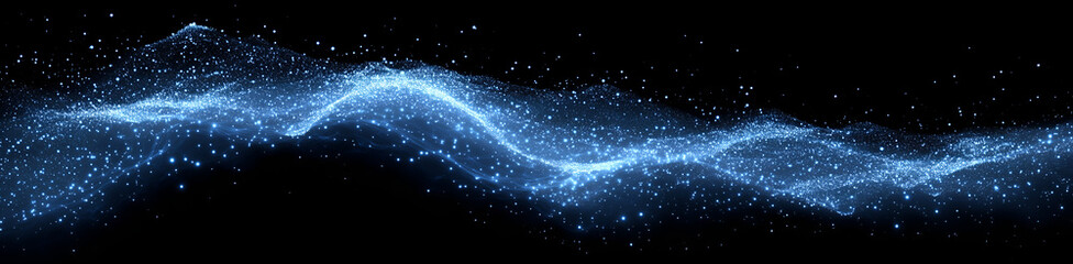 Obraz premium Abstract background with blue glowing vertical lines and green dots on a dark background, glowing wave of blue dots with white outlines on the left side of an abstract dark background.