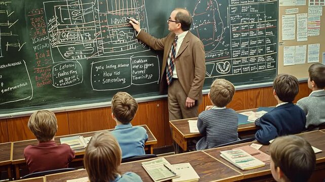 This teacher enthusiastically explains concepts to a class of attentive students at desks.