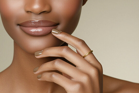 a Black woman&rsquo;s perfectly manicured hand with brown nails and a subtle gold ring, positioned gently near her smiling face