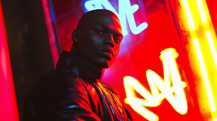 Obraz premium Urban Noir: Brooding Figure in Leather Jacket by Flickering Neon Sign | Ultra-Detailed Cityscape Portrait