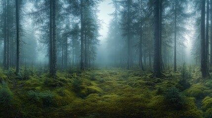 Fototapeta premium Mysterious Foggy Forest Path - Eerie and Atmospheric Nature Landscape.