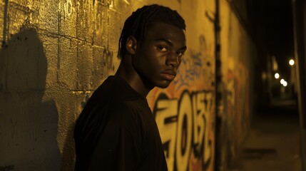 Obraz premium Portrait of a Somber Man in Dark Alley with Graffiti Art - Concept of Turmoil and Struggle