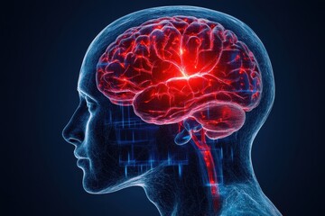Digital Rendering of Brain with Red Highlights