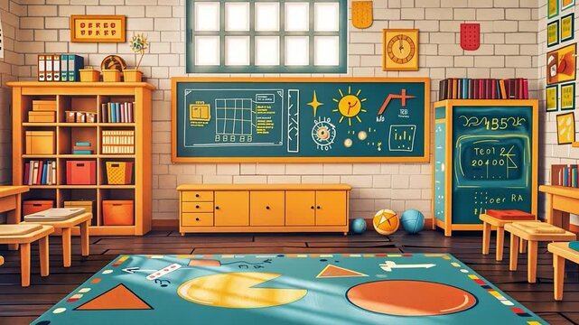 This vibrant classroom featuring colorful furniture, educational charts, and a playful learning rug.