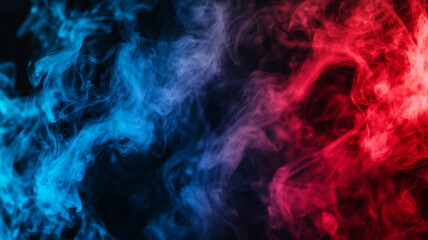 Colorful swirling smoke creates dynamic patterns in blue and red on a dark background