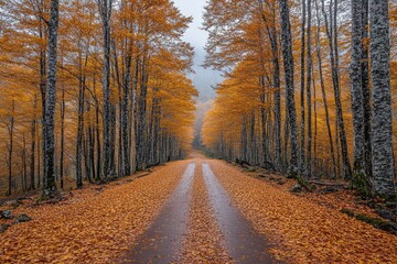 Obraz premium Wet asphalt road covered by fallen leaves leading through autumn forest