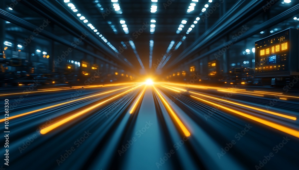 Leinwandbilder A vibrant, dynamic image showcasing beams of light converging towards a central point, creating a sense of speed and energy in a futuristic setting.
