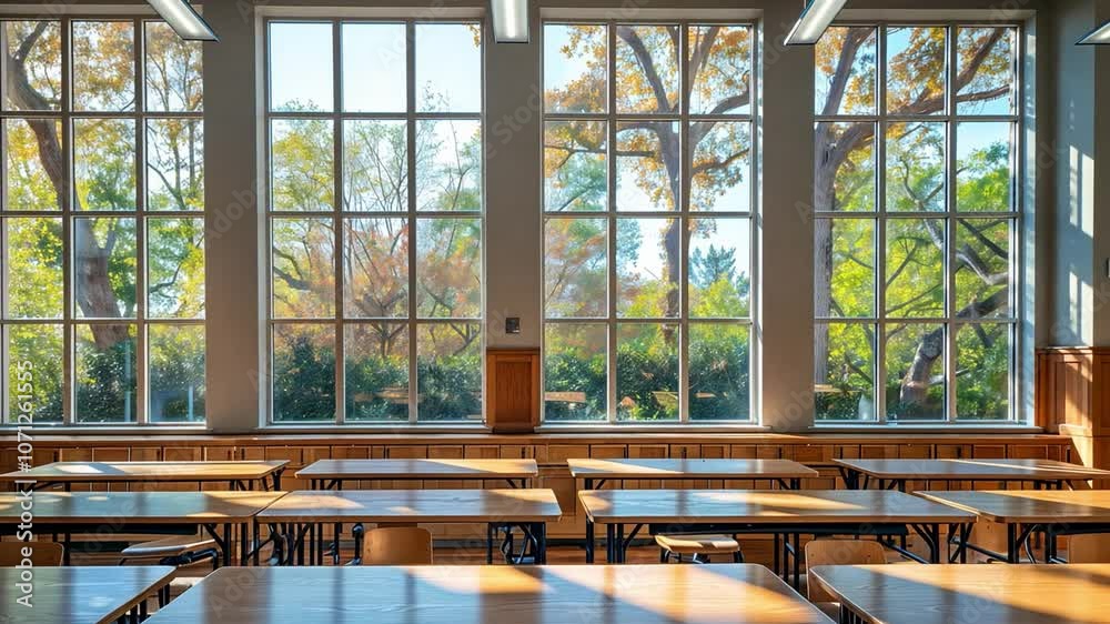 Poster This classroom filled with wooden tables, sunlight streaming through large windows with trees outside.