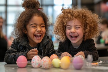 Two cheerful children laughing and decorating easter eggs