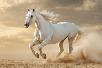 Fototapeta premium White horse running on sand at sunset creating dust cloud