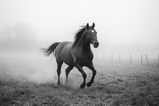 Black horse running on a misty field in black and white