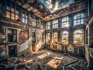 Fototapeta premium Urban Exploration: The Void Within - Capturing the Essence of Despair in Abandoned Spaces, Showcasing Decay, Isolation, and the Struggle Against Hopelessness through Urban Landscapes