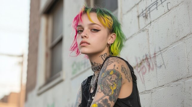 Rebel Spirit: Portrait of a Young Woman with Vibrant Hair and Fierce Tattoos Defiantly Posed in Gritty Urban Setting